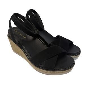 Cole Haan Cloud Feel Espadrille Wedge Black Size 7B Ankle Strap Adjustable